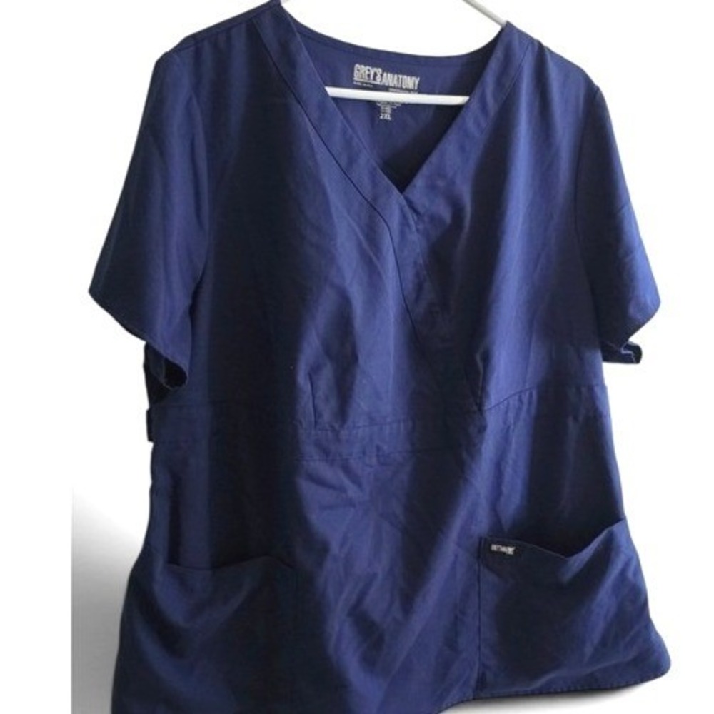 Greys Anatomy Barco Riley 3 Pocket Mock Wrap Scrub Top Womens 2XL Indigo Blue